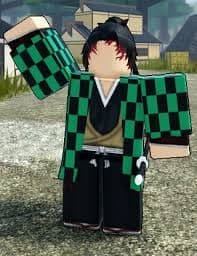 Roblox character in a green and black checkered haori and black pants.