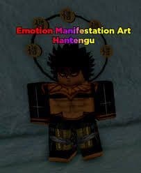 Roblox character with dark spiky hair, glowing orange eyes, and an orange and black striped chest.