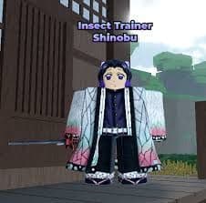 Roblox character dressed as Shinobu, an insect trainer, with purple hair and a butterfly-patterned coat.