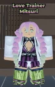 Roblox avatar dressed as Love Trainer Mitsuri, with pink hair and a purple outfit.