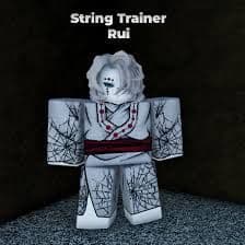 Roblox avatar of Rui, the String Trainer, with white hair and a spiderweb-patterned outfit.