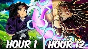 Anime characters contrasting Hour 1 and Hour 12 with different outfits and expressions.