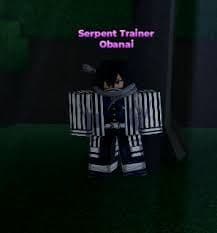 A Roblox character dressed as Serpent Trainer Obanai stands in a dark, grassy area.