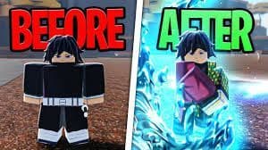 Roblox character comparison, before and after a transformation with glowing effects.