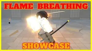 Game character performing flame breathing attack with sword and fire.