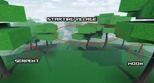 A video game environment labeled 'STARTING VILLAGE' with paths marked 'SERPENT' and 'MOON'.
