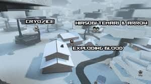 A snowy, futuristic cityscape with labels indicating locations like Cryo/Ice and Exploding Blood.