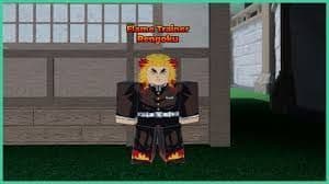 Character with blonde hair and flame-like accents on clothing stands outside a building.