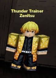 Roblox character in a yellow and black patterned outfit, titled Thunder Trainer Zenitsu.