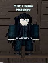 Roblox avatar of Mist Trainer Muichiro with long black hair and a teal uniform.