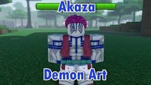 A Roblox character named Akaza with purple hair and distinctive face markings, wearing a red vest and blue and white striped clothing.