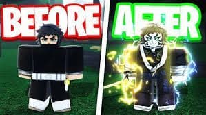 Split image shows a character in a black outfit on the left and a glowing, energized character on the right.