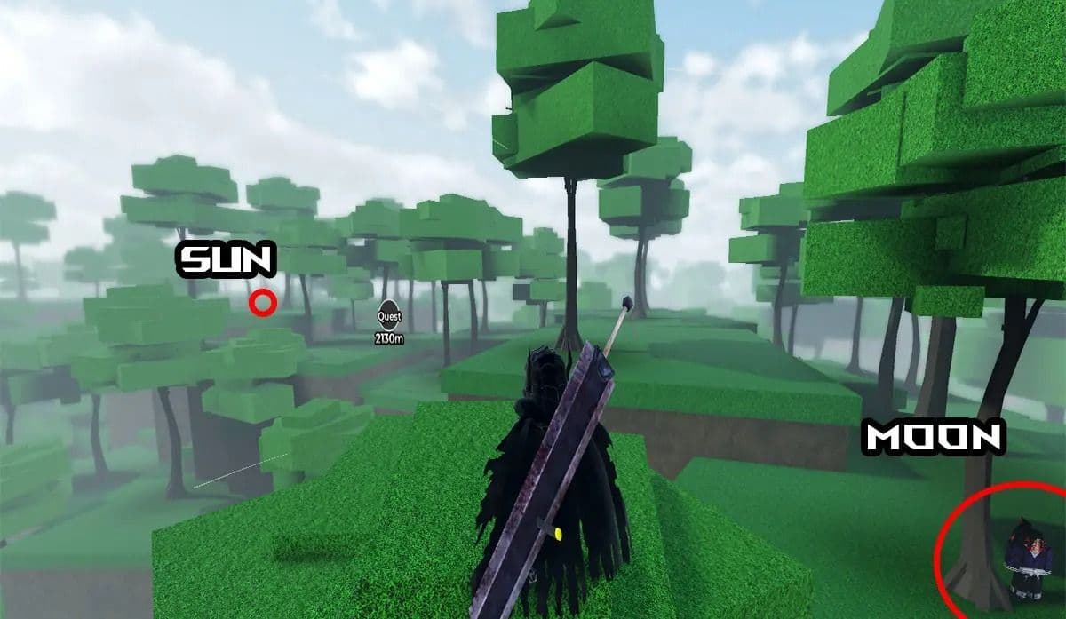 A 3D game environment with stylized trees, a character holding a large sword, and text labels for SUN and MOON.