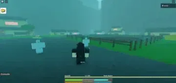 Player character in a black robe runs through a misty, blocky video game environment.