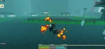 A character in a video game spins through the air engulfed in flames.