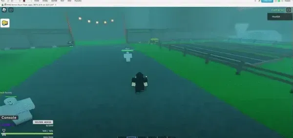 Player avatar in black clothing running on a dark path in a video game.