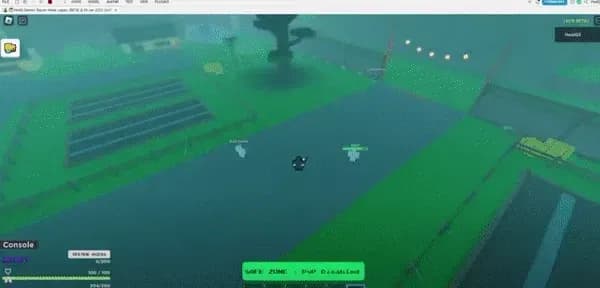 A player character navigates a digital world with green landscapes and a dark body of water.
