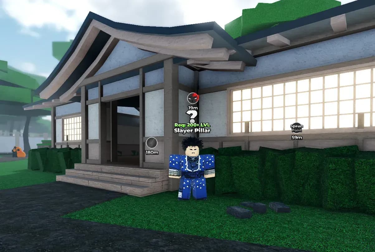A character in a blue kimono stands outside a traditional Japanese building.